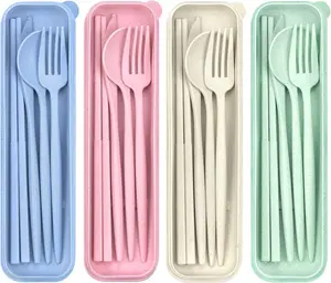 4 Sets Travel Utensils with Case, Cutlery Set Chopsticks Fork Spoon Knife with Case, Reusable Plastic Utensils Sets for Lunch Box Accessories,Portable Lunch Box Utensils Set for Daily Use