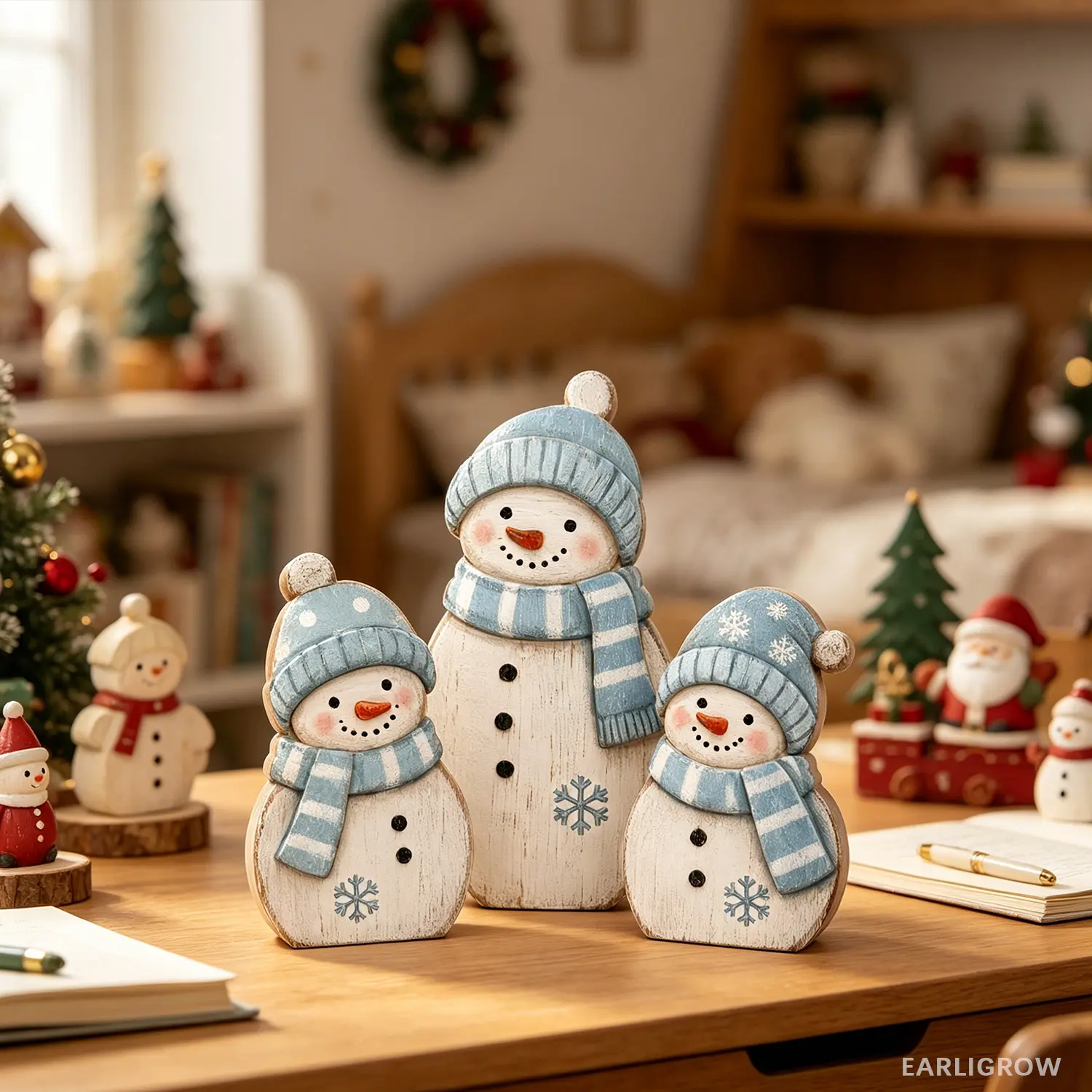 3-Piece Rustic Farmhouse Wooden Christmas Snowman Ornament Set - Desktop Plaque, Tiered Tray Decor for Home Winter Holiday Use