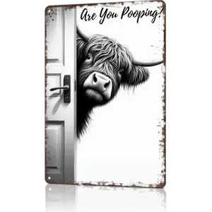 Vintage Highland Cow Aluminum Sign Funny Are You Pooping Black and White Bathroom Wall Decor for Western Highland Cow Lovers 8 x 12 Inch Plaque