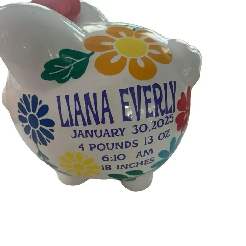Flowers Piggy Bank Personalized with Name Liana Everly Birth Details & Floral Design Decor Ornaments