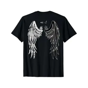 Half Angel Half Devil Gothic Wing Back Print T-Shirt - Distressed White Wing Design on Black, Casual Round Neck Short Sleeve Tee for Men & Women, All-Season Comfort, Edgy Casual Attire & Themed Events