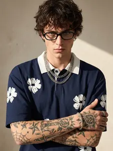 'Cropped Polo Shirt' White Floral Graffiti Print Contrast Collar Polo | Edgy Minimalist Streetwear Aesthetic | Unisex OOTD Essential | TikTok Viral Y2K Casual Daily Wear Statement Top for Men Women 2026 Spring New Drop