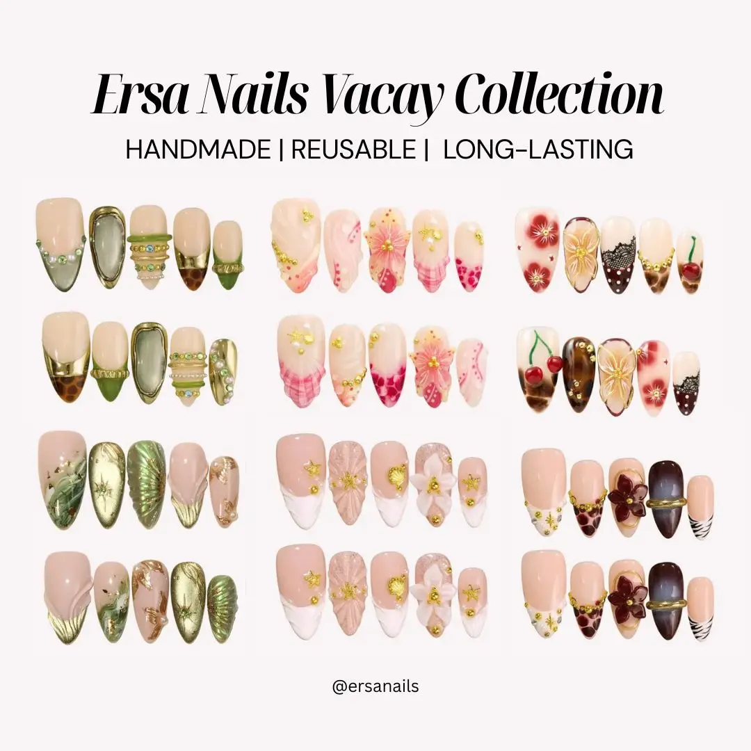 ErsaNails VACAY Collection – Handmade Press-On Nails 10PCS | Acrylic, Reusable, Salon-Quality, Long-Lasting, Glossy Design