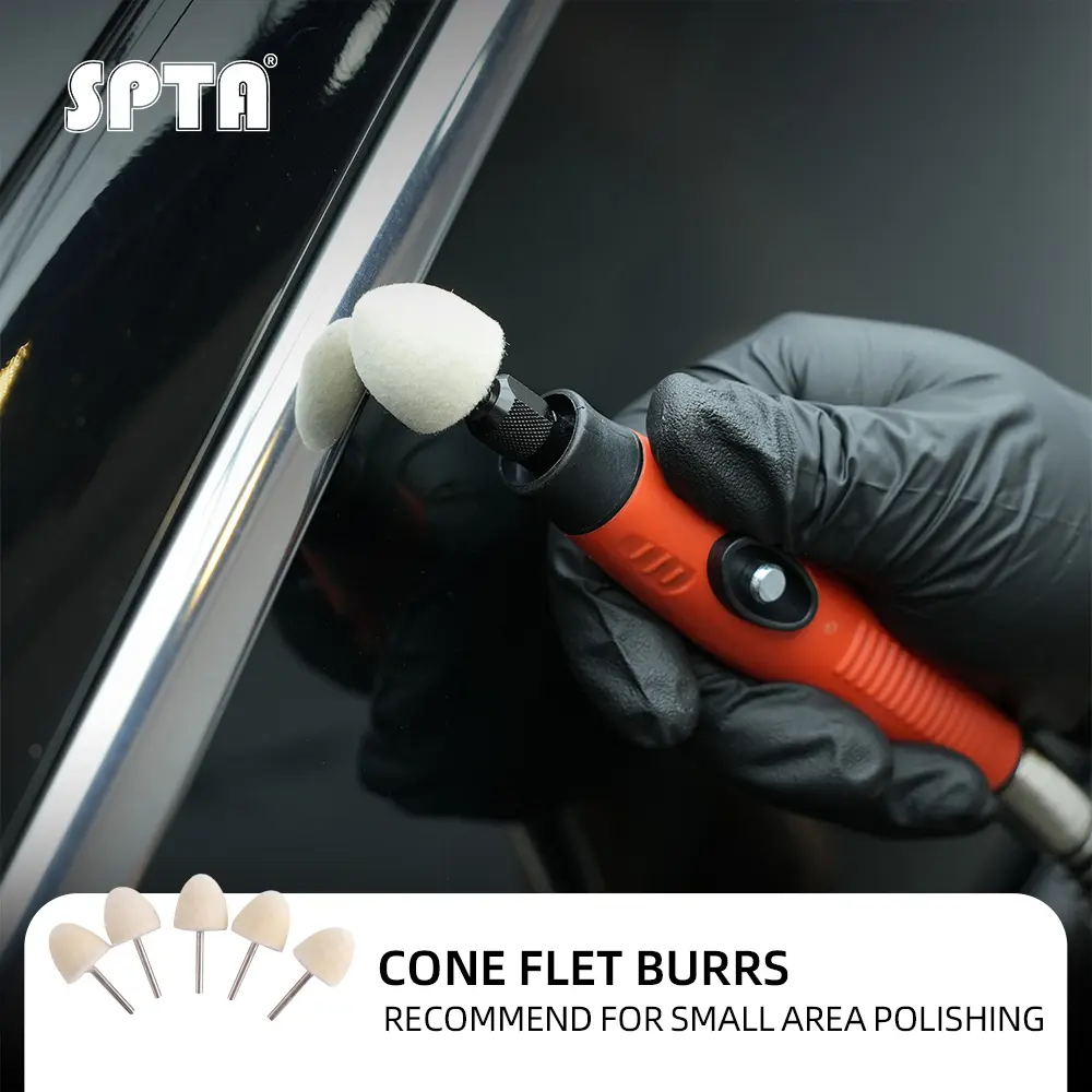 SPTA 5pcs 3mm Compressed Wool Cone-Shaped Felt Burrs, Bullet-Tip Buffing Polish Bits with Metal Shaft, Dremel Rotary Tool Drill Accessories for Automotive & Motorcycle Polishing