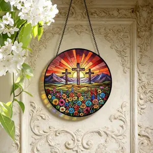 Stained Glass Cross and Wildflowers Suncatcher Christian Glass Window Hanging Flower Cross Gift for Religious Easter Faith Cross Home Decor
