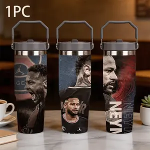1pc 30oz portable thermos cup printed with Neymar's PSG Paris Saint-Germain portrait, large-capacity stainless steel leak-proof design, red, blue and black color jersey style, multi-layer texture visual impact portable water cup