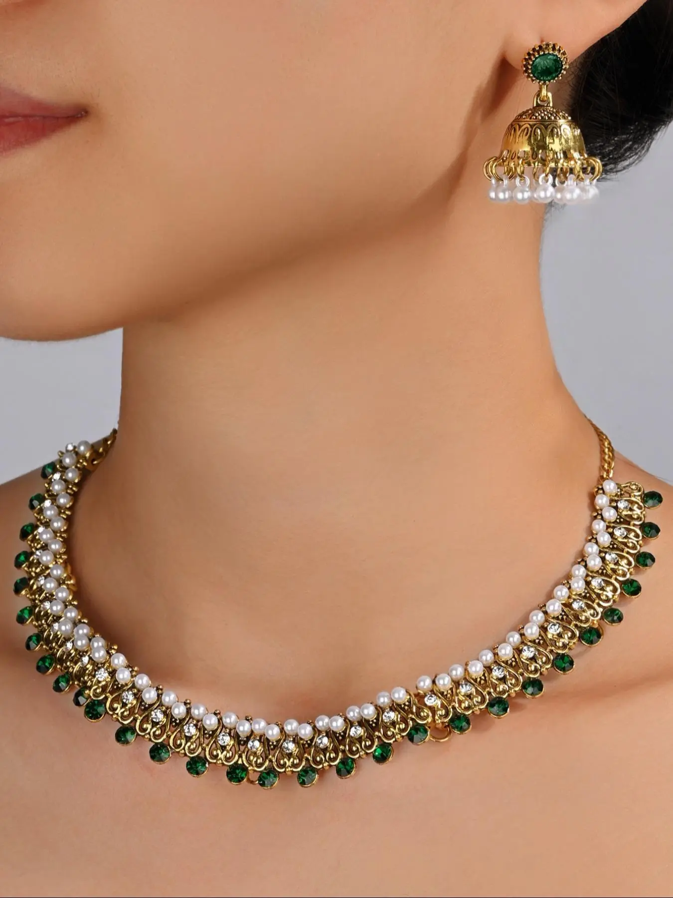 Women's Elegant Faux Pearl & Artificial Gemstone Decorated Jewelry Set, Exquisite Trendy Necklace & Dangle Earrings, Chic Jewelry Set for Party & Daily Decor, Choker Set, Fashionable Jewelry Set, Matching Jewelry Set