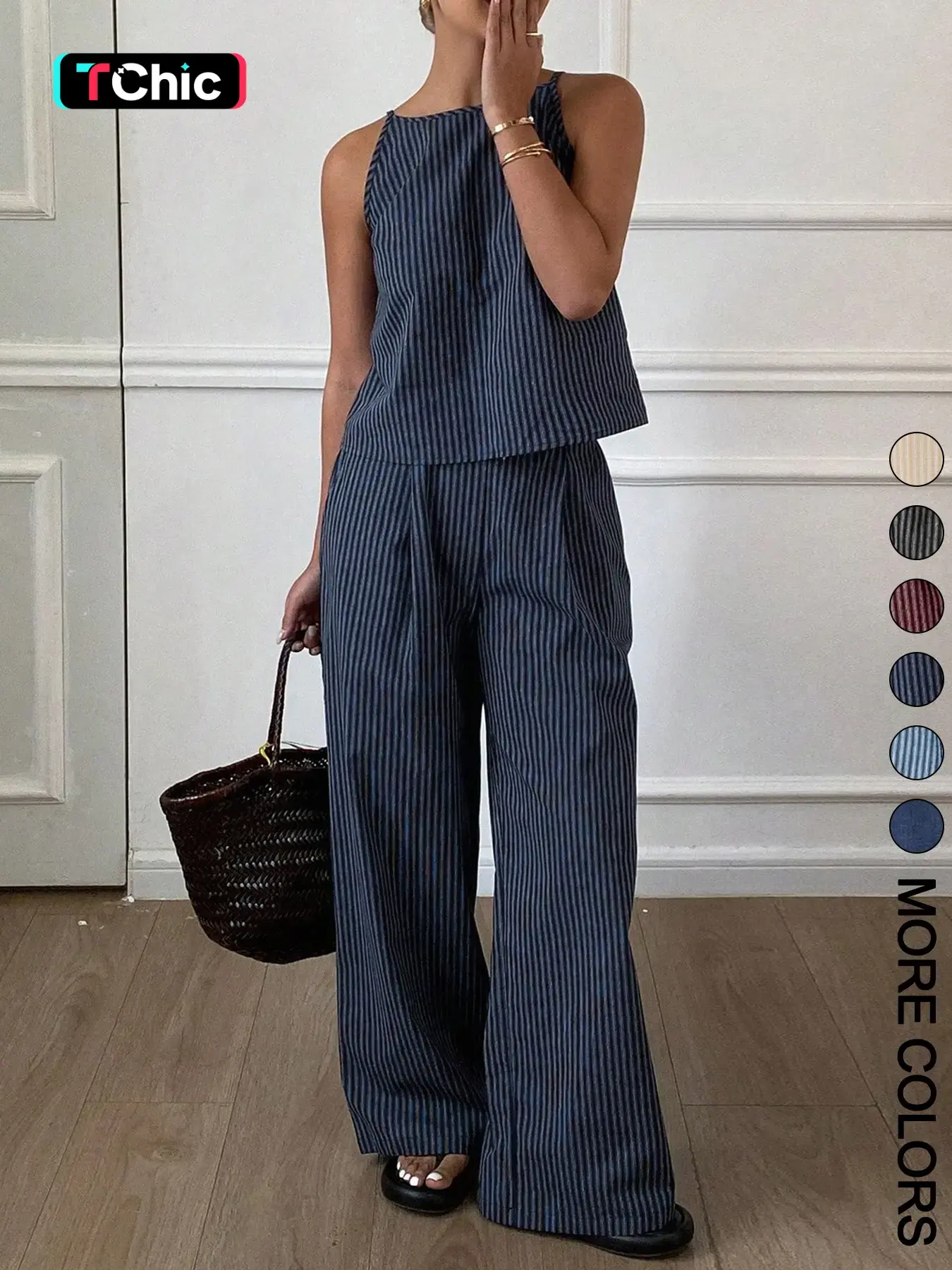 Women's Summer Striped Thin Strap Sleeveless Vest Top & Loose Long Pants Two-Piece Set, matching Outfit, Lightweight Casual Everyday Home Wear, Comfortable and Stylish