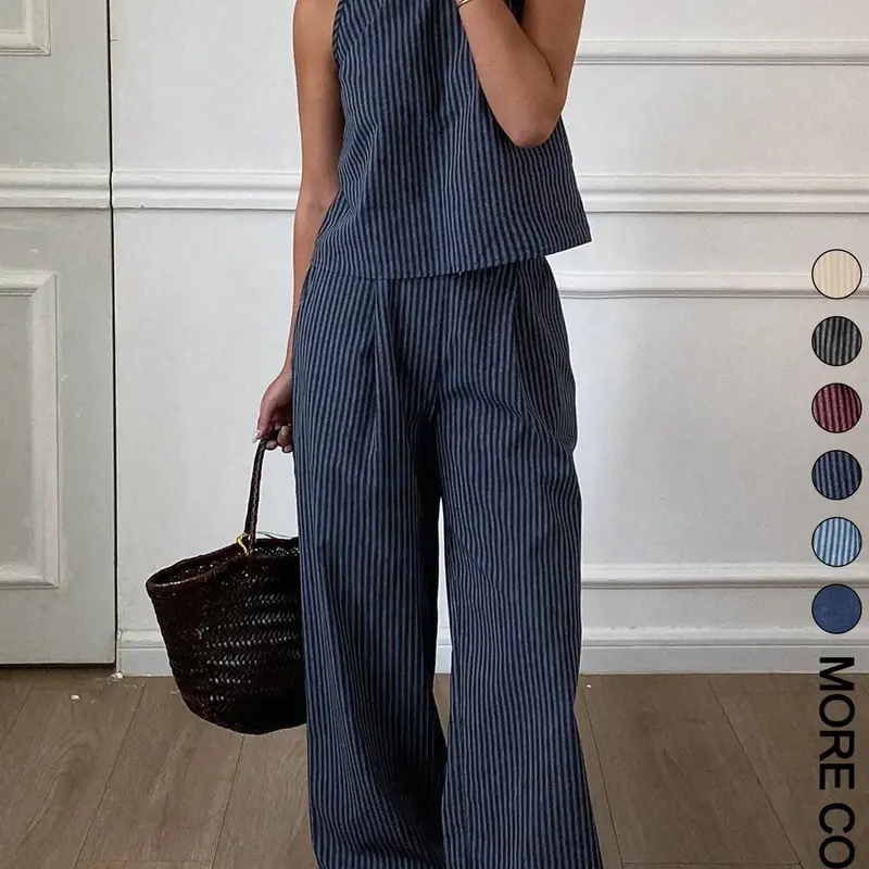 Women's Summer Striped Thin Strap Sleeveless Vest Top & Loose Long Pants Two-Piece Set, matching Outfit, Lightweight Casual Everyday Home Wear, Comfortable and Stylish