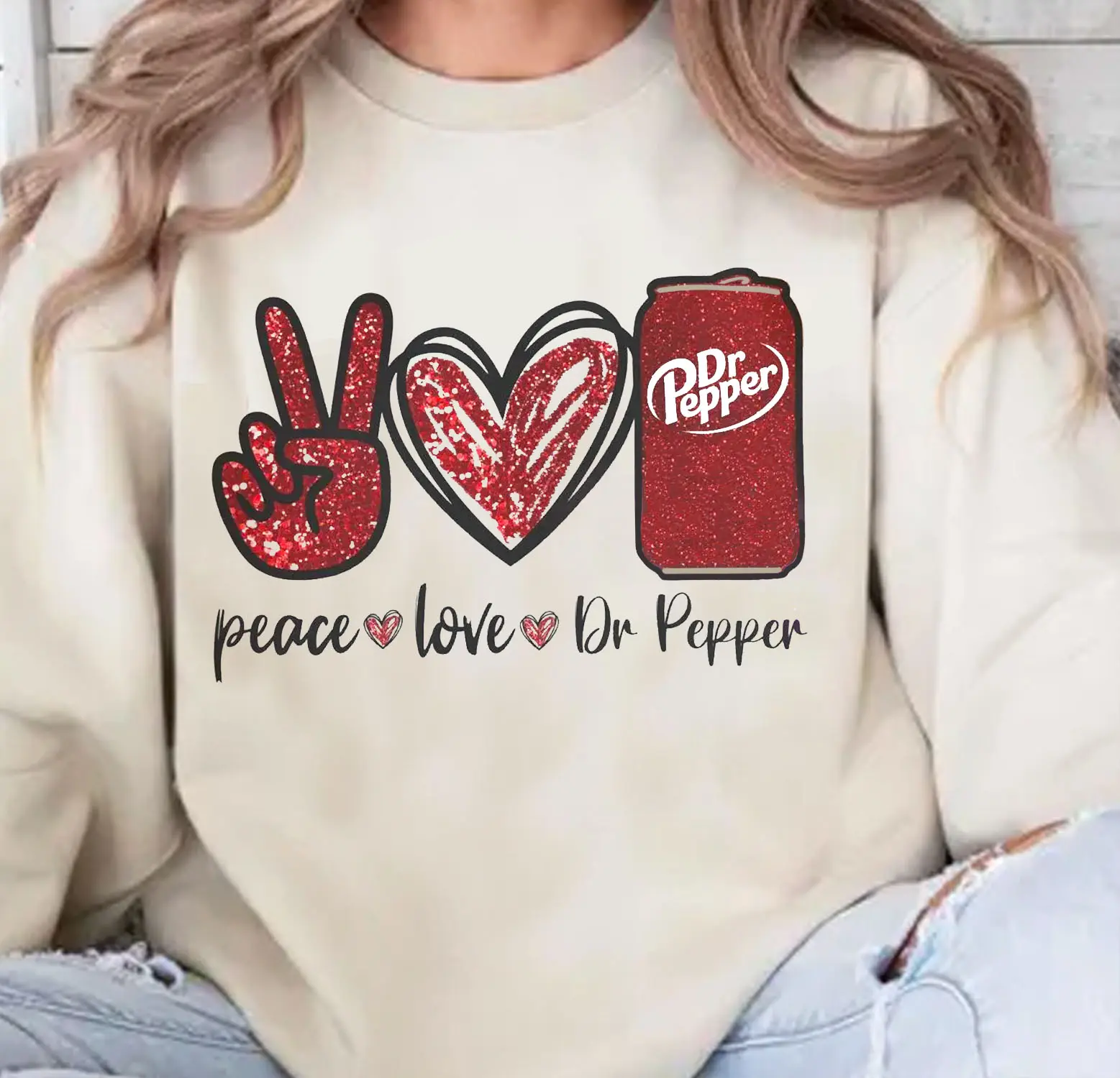 Peace Love Dr Pepper Faux Glitter Effect Printed Crewneck Sweatshirt, Dr Pepper Drink Lover Shirt, Aesthetic Girly Dr Pepper Lover Gift, Soda Lover Tee