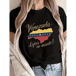 Outline of Venezuela with Tricolor Print T-Shirt, Short Sleeve Crew Neck Casual Top for Summer & Spring, Women'S Clothing