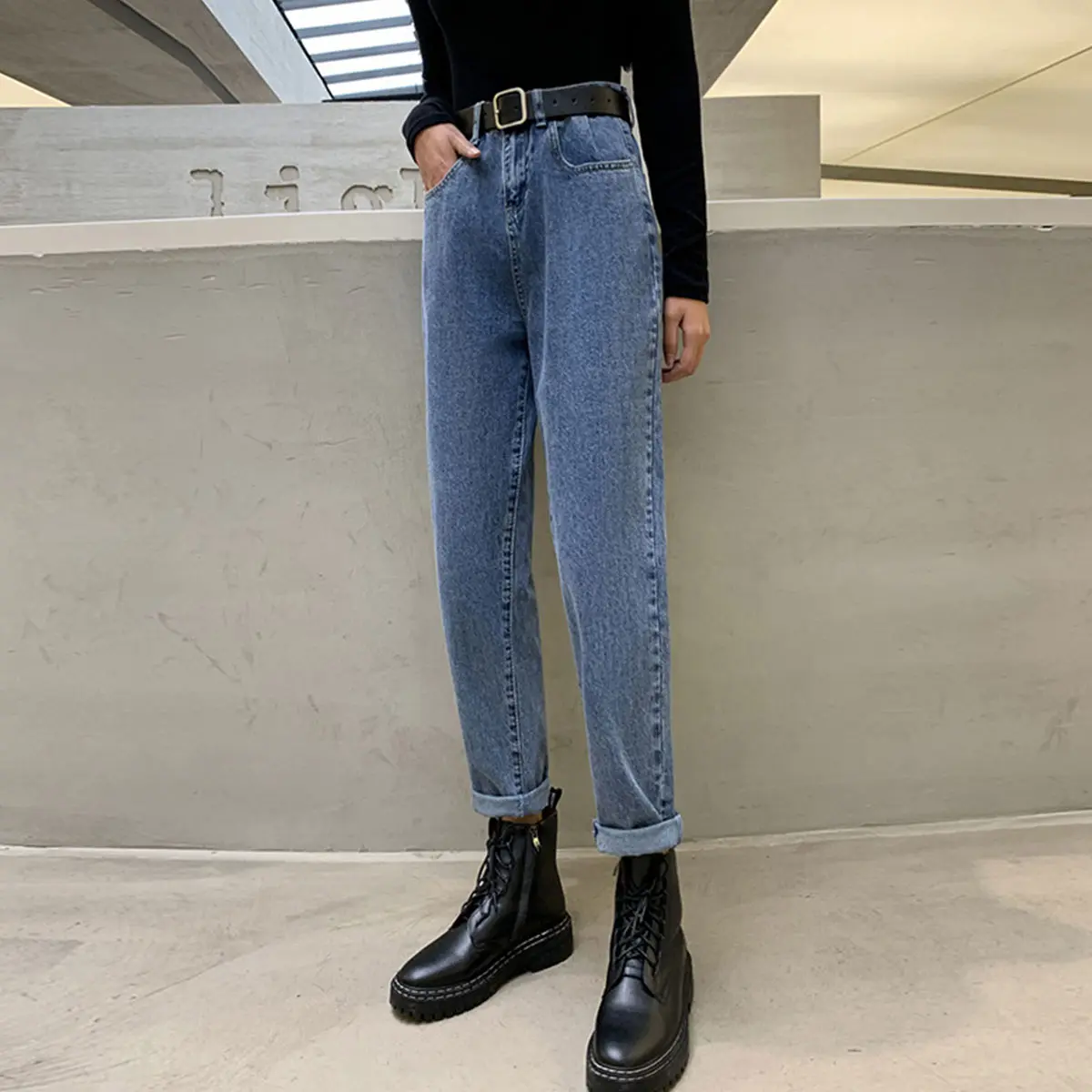 High Waist Jeans Women's Vintage Blue Harlan Pants New High Waist Simple Personality Slim Academic Style Straight Leg Pants