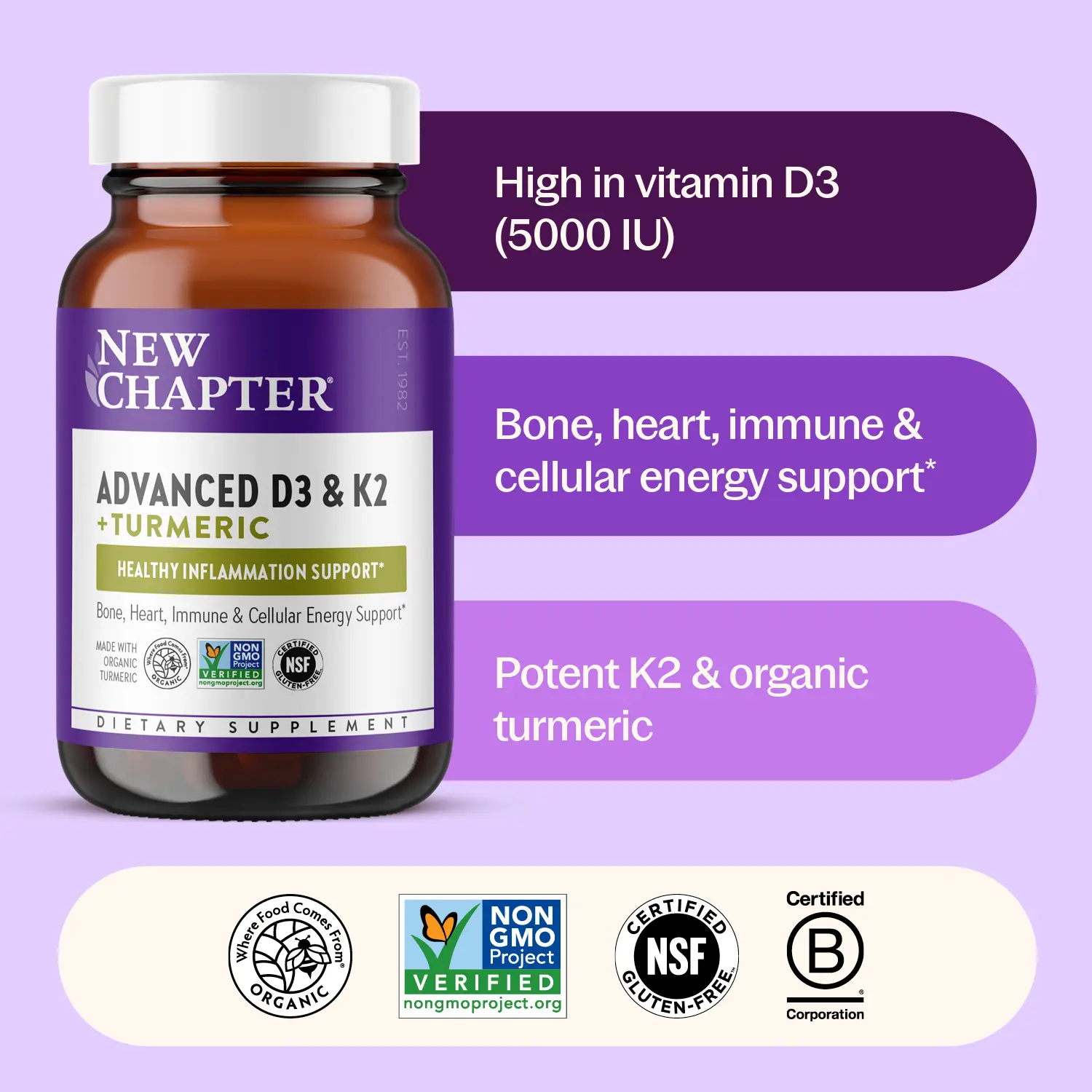 New Chapter Advanced D3 & K2 + Organic Turmeric - D3 5000 IU | Bone Support, Heart Health & Healthy Inflammation Response