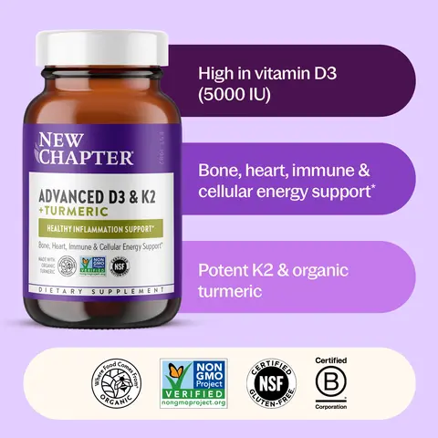 New Chapter Advanced D3 & K2 + Organic Turmeric - D3 5000 IU | Bone Support, Heart Health & Healthy Inflammation Response