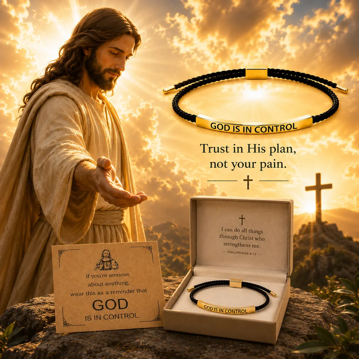 "God Is in Control" Inspirational Bracelet — Exquisitely crafted with artistic engraving; stainless steel with 18K gold plating. Combining profound meaning with elegant beauty, it makes a perfect Mother's Day gift with a touch of summer style.