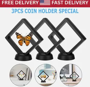 3 Pack Black 3D Floating Coin Display Frame Holder Box Case Black&Stand Φ2.2In