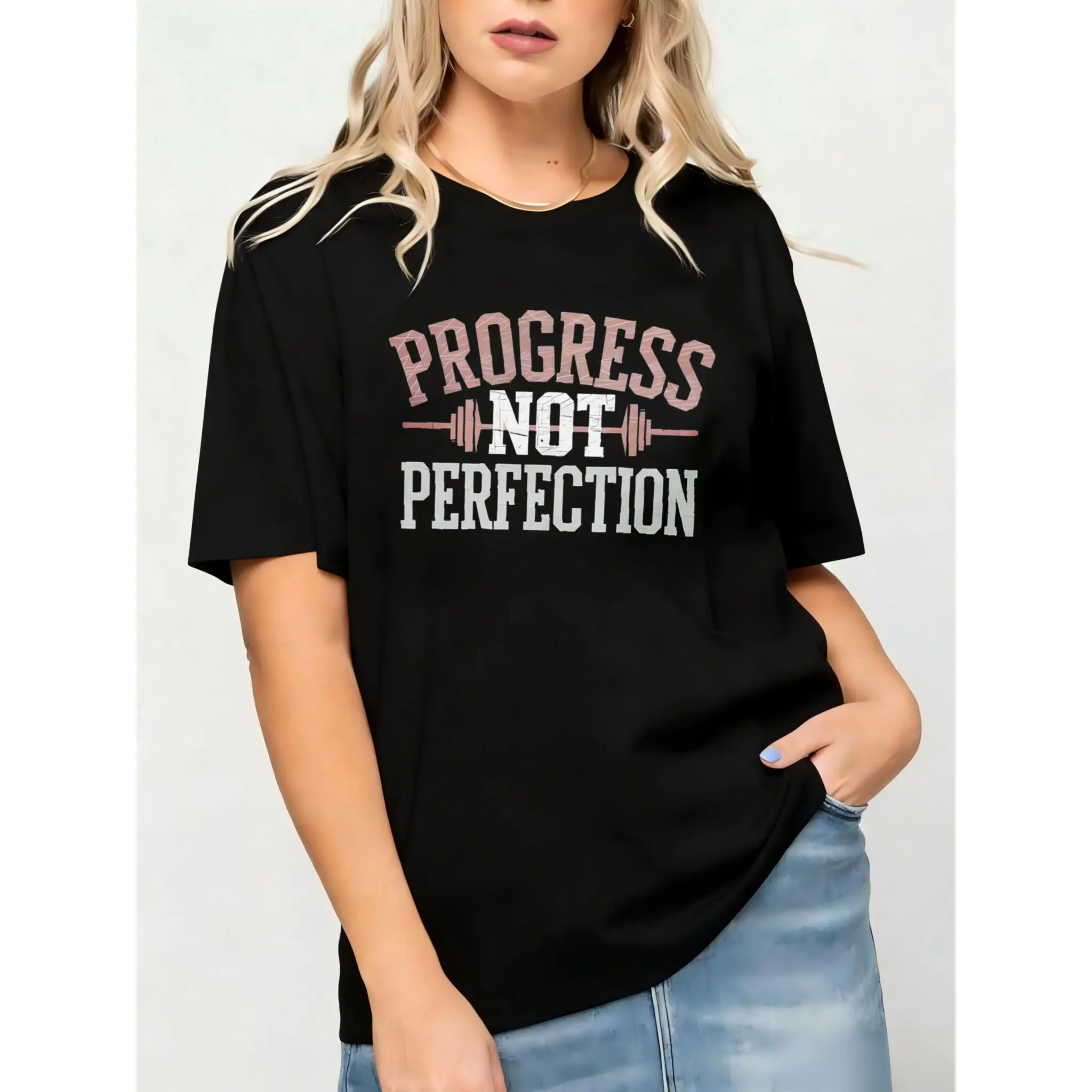 Women's Fitted Cotton Short-Sleeve Crew Neck Graphic T-Shirt - Black, "Progress Not Perfection" Text & Barbell Digital Print, Sporty Chic Gym-to-Street Athleisure Wear, Elevated Basics Wardrobe Staple, Casual Holiday Top