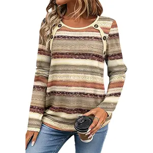Flamingals Striped Button Decor Round Neck Long Sleeve T-Shirt
