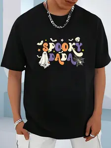 100% Cotton Unisex Spooky Dada Cute Ghost Halloween Dad Family Spooky Season T-Shirt， men's autumn short-sleeved shirt, featuring maple leaf and Thanksgiving Halloween prints