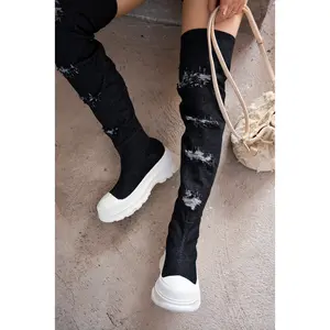 Looks Chunky Sole Thigh High Denim Sneakers - Black
