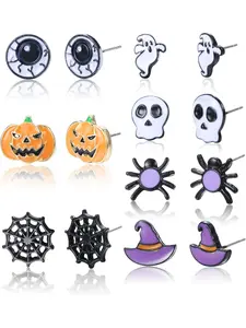 7 Pairs Halloween Earrings Set for Women, Pumpkin Ghost Bat Spider Skeleton Skull Stud Earrings, Halloween Costume Jewelry