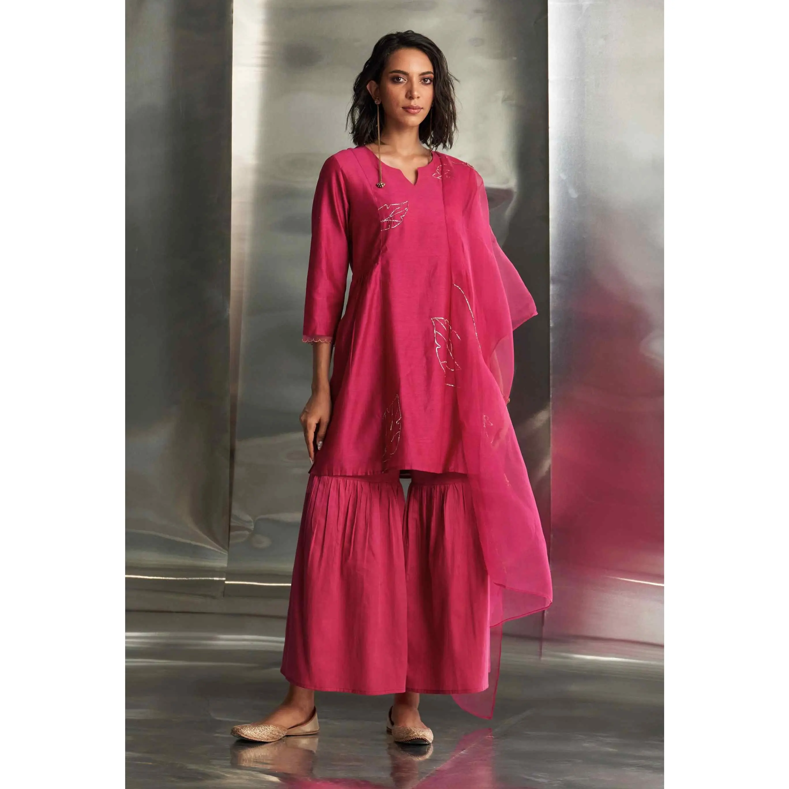 Pop pink chanderi straight kurta sharara set