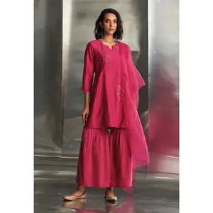 Pop pink chanderi straight kurta sharara set