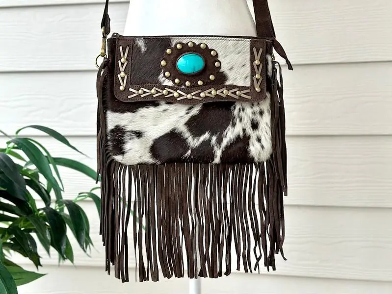 Cowhide Crossbody Purse Western Bag with Fringes Turquoise Handbag Clutch Brown Black Leather Hair on Cow Hide Rodeo Cowgirl Gifts for Her