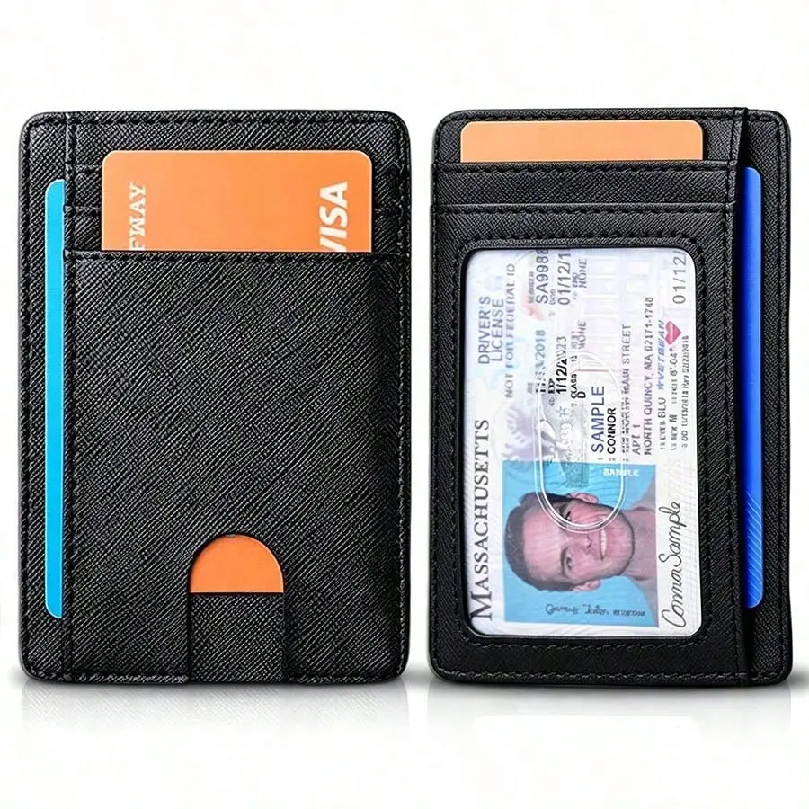 Ultra-thin, minimalist front pocket wallet made of PU material with RFID shielding; simple card holder/coin purse; unisex.