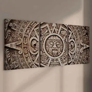 Mayan Civilization Stone Carving Art Print Set, Solid Wood Frame Canvas Wall Decor, Modern Home Decoration, Ideal Gift Idea, Wooden Wall Art