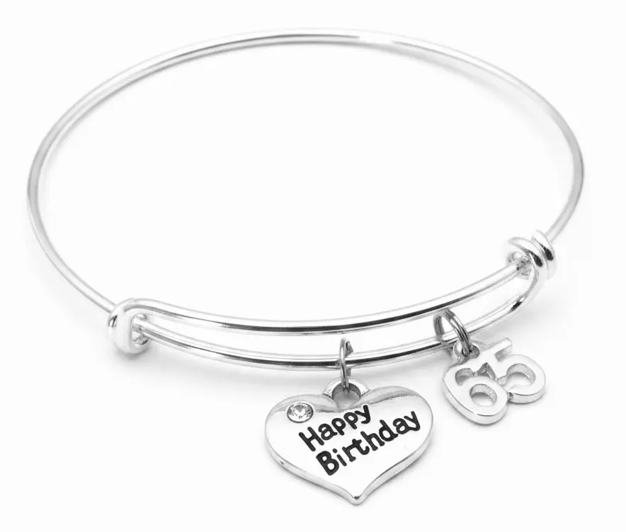 65th Birthday Charm Bracelet – Happy Birthday & Number Charm Bangle, Silver Adjustable Wire Bracelet Gift