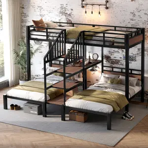 Triple Bunk Bed Twin over Twin over Twin Metal Bunk Bed, Heavy-Duty metal bunk bed Frame with Storage shelves and storage stairs, Noise Free, Black