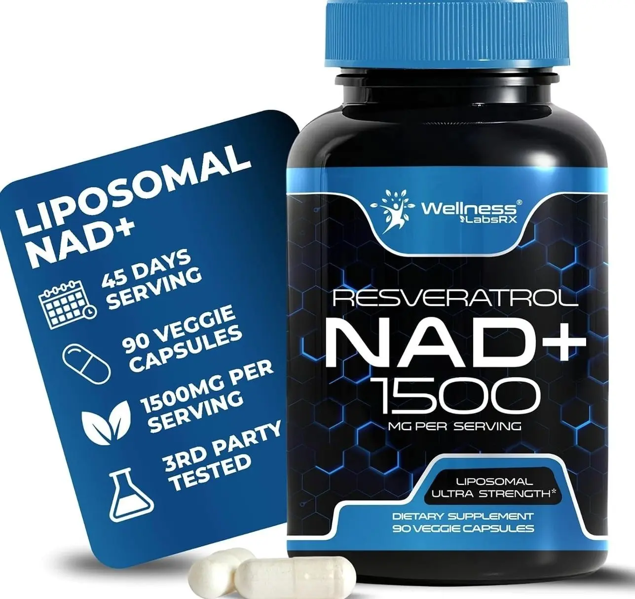 WELLNESS LABSRX NAD Supplement, 1500mg - USA Made Liposomal NAD+ Supplement with Resveratrol, NAD Plus Boosting - Support Cellular Health, Stamina & Healthy Aging - Ultra Strength Capsules