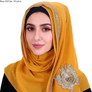Elegant Mustard Yellow Hijab with 3D Floral Embroidery - Luxury Rhinestone Border Chiffon Headscarf, Soft Breathable Muslim Shawl for Eid, Wedding & Party Look