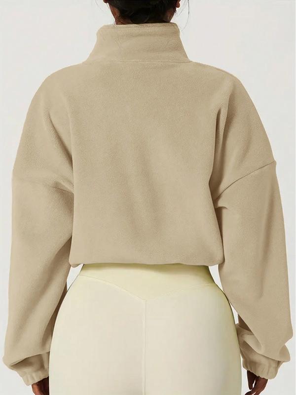 Women's Cropped Zip-Up Jacket - Fleece Casual Top with 'ADA' Print for Daily & Leisure. Adjustable Drawstring Waist Jacket in Navy/Beige/Black Winter Fashion Clothing