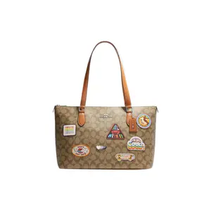 COACH Gallery Tote 37 Leather Tote Bag with Silver Logo and Embroidered Floral Pattern for Women