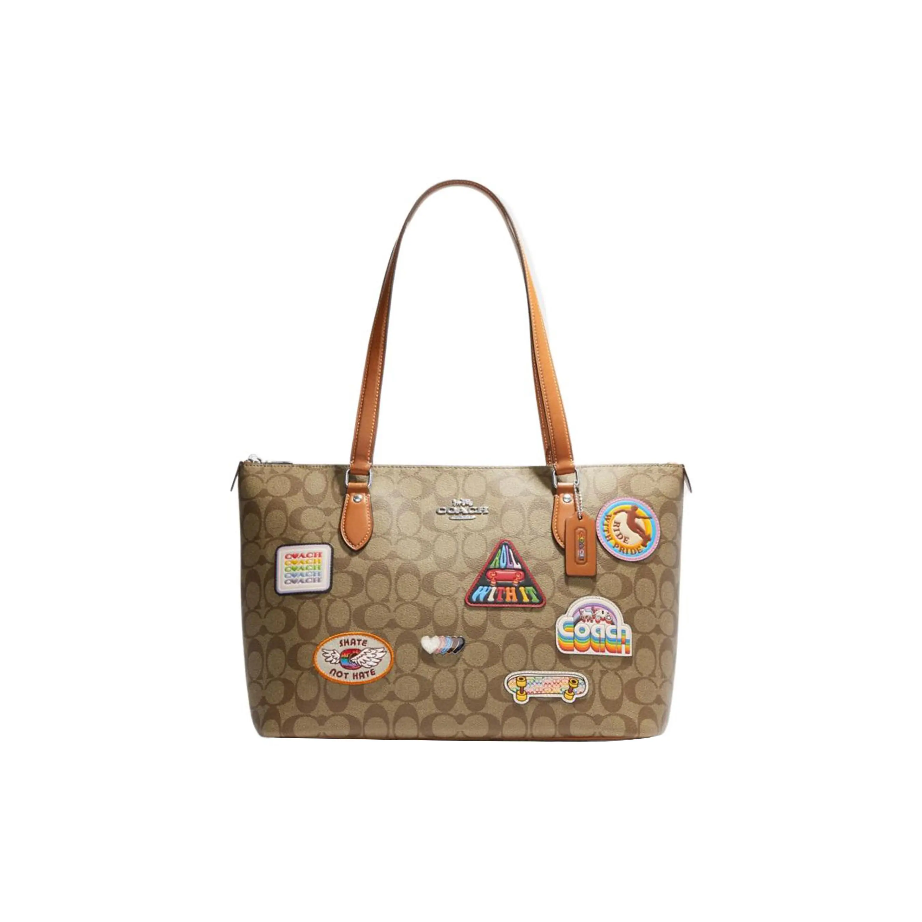 COACH Gallery Tote 37 Leather Tote Bag with Silver Logo and Embroidered Floral Pattern for Women Quilted Bag Casual Shopping Bag