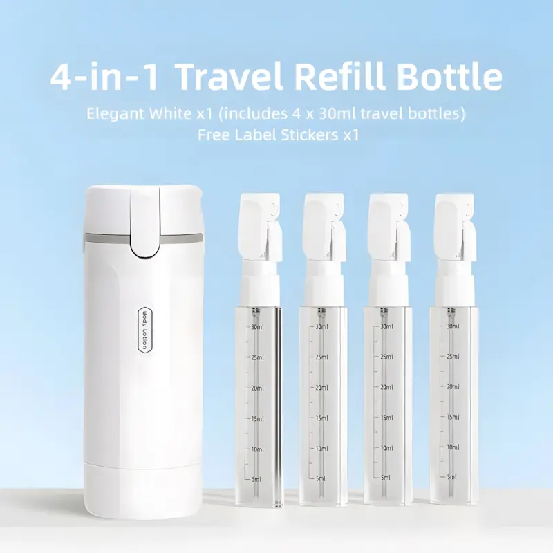 2-Pack 4-in-1 Function Multi Functional Travel Refill Bottles, TSA-Compliant Leak-Proof Lockable Squeeze Container Toiletries Dispensers for Shampoo/Conditioner/Lotion, Compact Plastic Travel Essentials for Vacation, Green & White