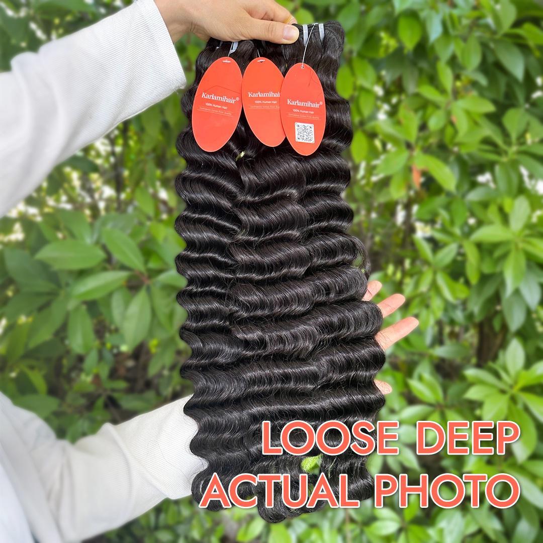 Karlami Loose Deep Wave 3/4  Bundles Human Hair Body Wave 12A Unprocessed Brazilian Virgin Hair Straight Bundles Human Hair Deep Wave Burmese Curly Bundles  with 5x5 Closure Human Hair Bundles for Women Natural Black Tangle Free