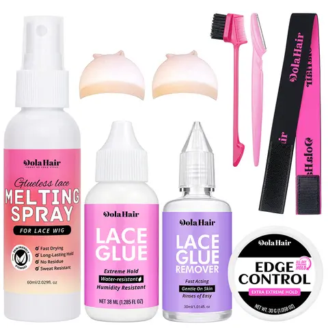 Dolahair Latex-Free Lace Glue Set - Gentle on Edges and Scalp, Seamless & Invisible Hold, for Front/Closure Units, Lace Melting Spray, Wig Install Tools, Remover, Edge Control, Wig Cap, Elastic Band, Travel Size