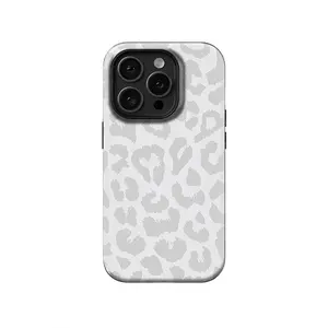 Neutral White Leopard Print iPhone Case, 2-in-1 Glossy Thick PBT+TPU Shockproof Cover, Heat Sublimation Full Wrap Print, Anti-Yellow Anti-Fade, Easy Installation, Minimalist Aesthetic Gift Accessory, Tech Accessories for Device Protection