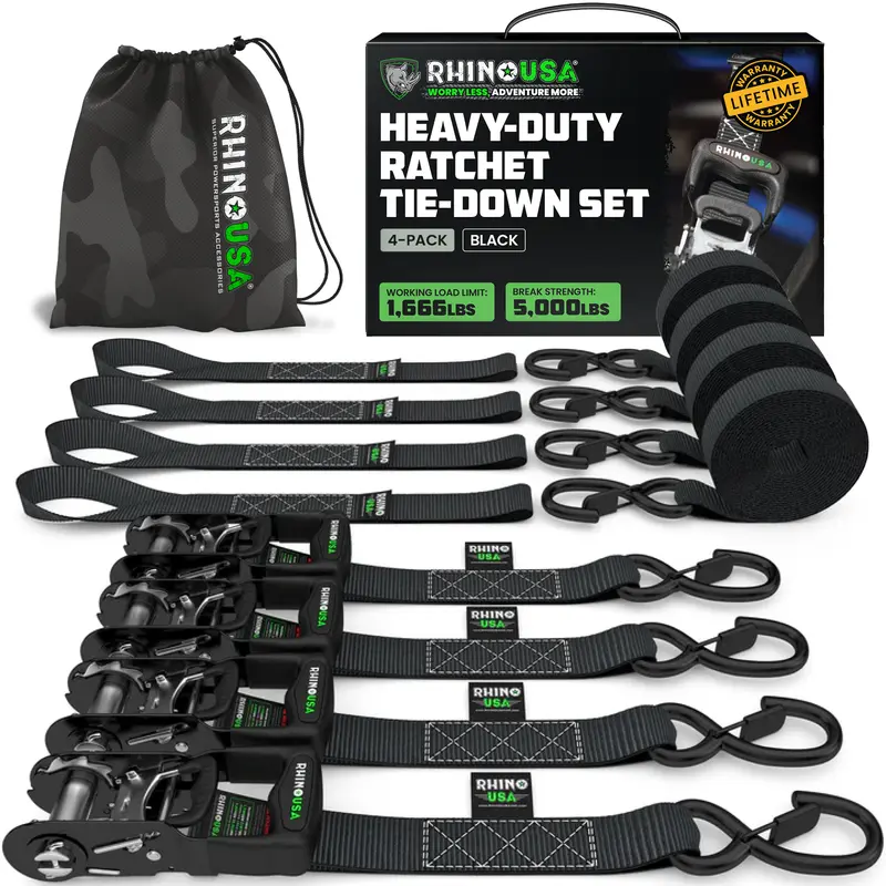 Rhino USA TRADITIONAL Ratchet Straps Heavy Duty Kit - 1.6 Inch x 8ft -15ft (5,208lb Break Strength) 2-4 pack