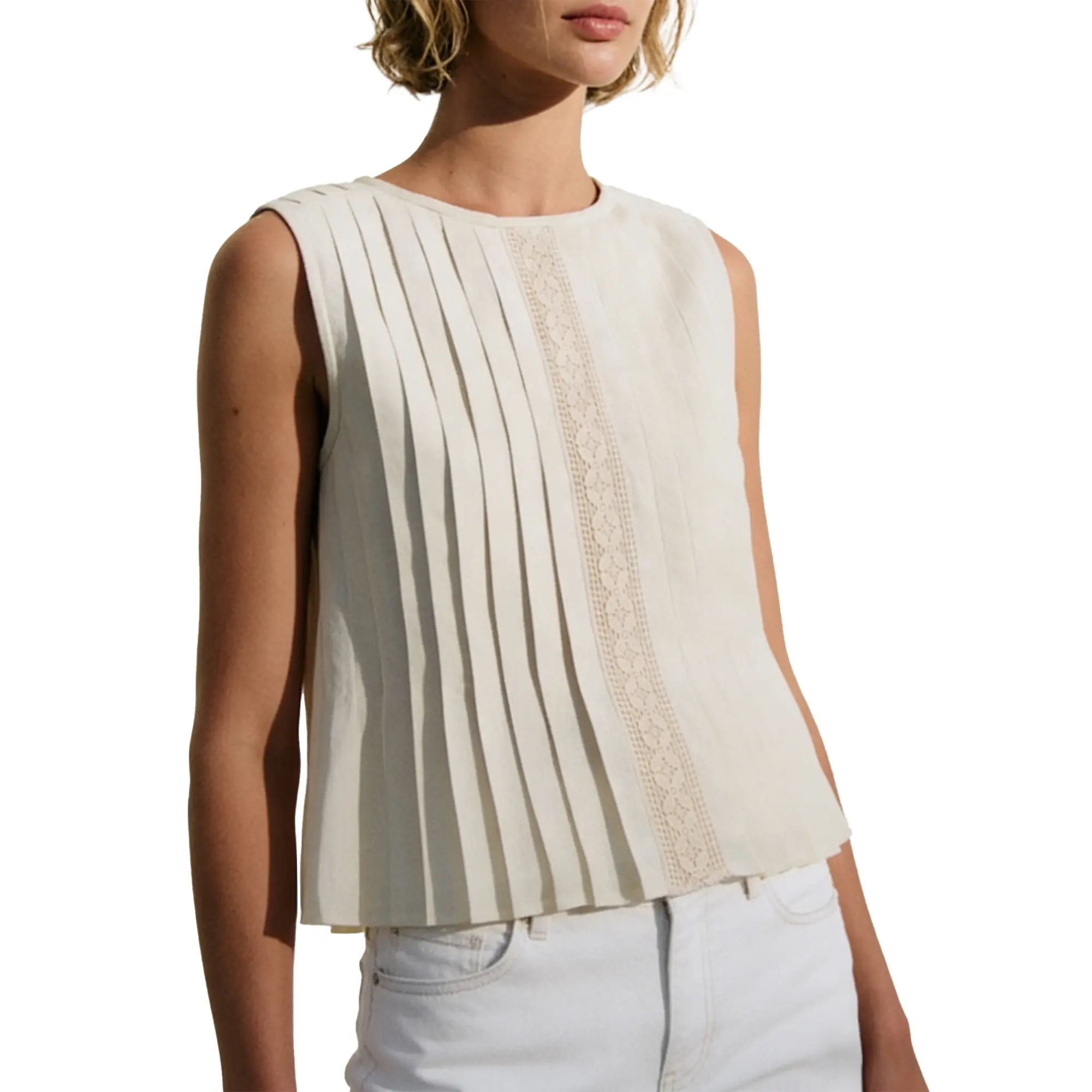 Songling Women's Pleated Ruffled Tank Top, Flowy Summer Top, Sleeveless Round-Neck Y2K-Style Doll Top, Cropped Pleated Shirt