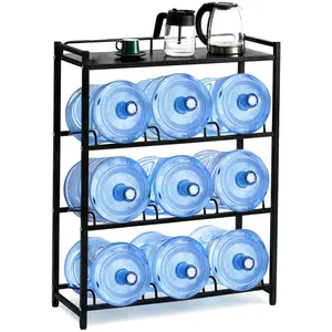 5 Gallon Water Bottle Holder 9-Tray 3/5 Gallon Water Jug Rack with Top Shelf Heavy Duty 5 Gallon Water Jug Stand for Kitchen, Office, Garage, Black