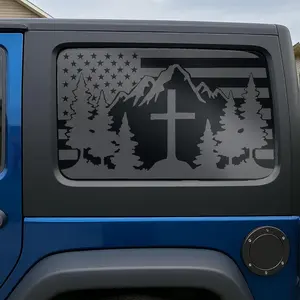 for Jeep Wrangler JL JLU 2018-2025 4Door Rear Side Window Mountain Christian Cross Flag Decals, 2PCS Matte Black Faith USA Flag Vinyl Stickers, Patriotic SUV Truck Window Graphics Exterior Accessories