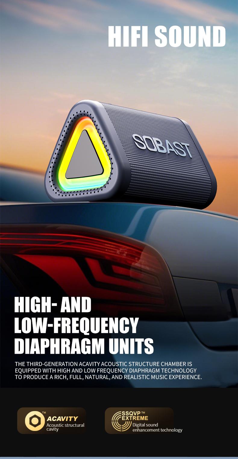 SOBAST Outdoor Bluetooth Speaker IPX5 Waterproof 360° Surround Sound RGB Lights Long Battery Life Powerful Bass Perfect for Home & Outdoor Use Supports Calling Audio Smartphone