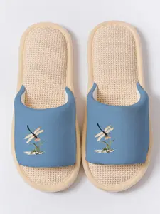 Elegant Dragonfly Print Stylish Linen Slippers, Breathable Lightweight Non-slip All Season Home Shoes for Women Men Family Guest Daily Wear