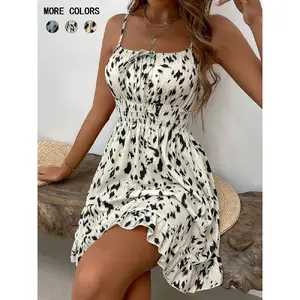 Women's Bohemian Floral Print Slim-Fit Sleeveless Spaghetti Strap Mini Sundress - Adjustable Thin Straps, Apricot, Casual Summer Wear