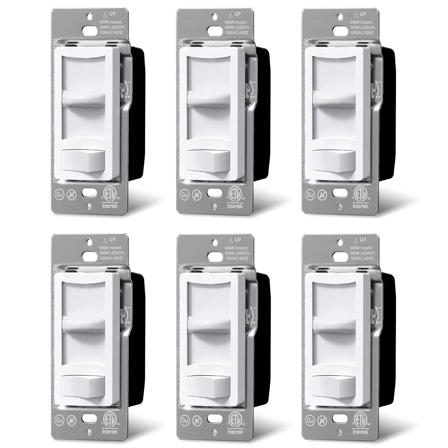 6 Pack Super Slim Dimmer , Single Pole or 3-Way, Dimmable Light  for LED, CFL, Halogen and Incandescent Bulbs, ETL Listed, White