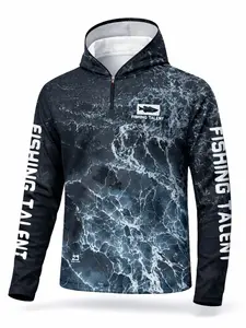 Men's Outdoor Fishing Hooded Long Sleeve T-Shirt, Honeycomb Birdseye Water Print, Colorblock Design, Quick-Dry Breathable Ice Fabric, Quick Dry Activewear
